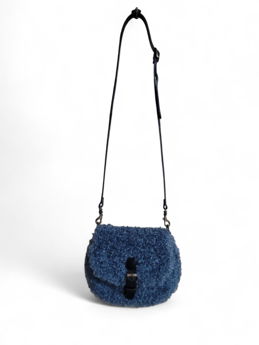 Hand Crafted Blue Faux Shearling Crossbody Bag with Black Strap